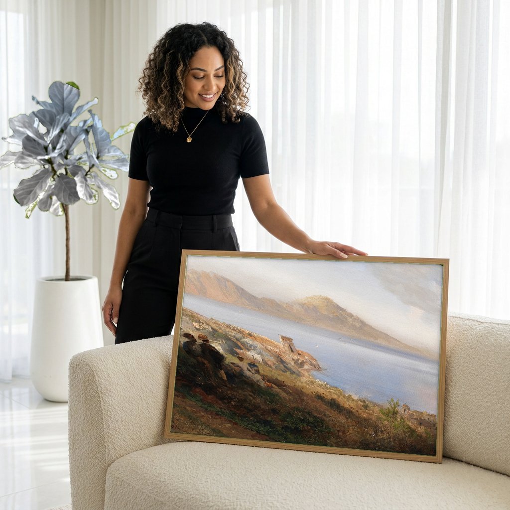 Quadro Decorativo Paisagem Mediterrânea - Oswald Achenbach com modelo em ambiente