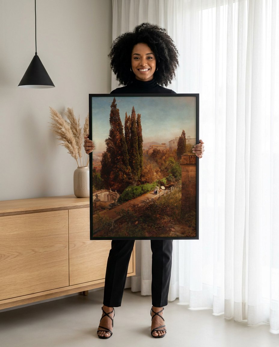 Quadro Decorativo Paisagem Mediterrânea - Oswald Achenbach com modelo em ambiente