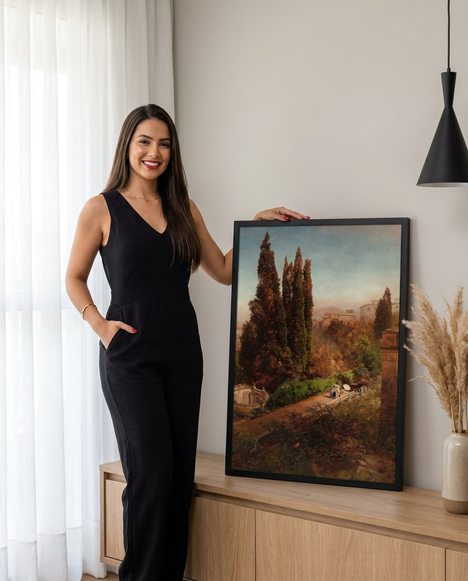 Quadro Decorativo Paisagem Mediterrânea - Oswald Achenbach com modelo em ambiente