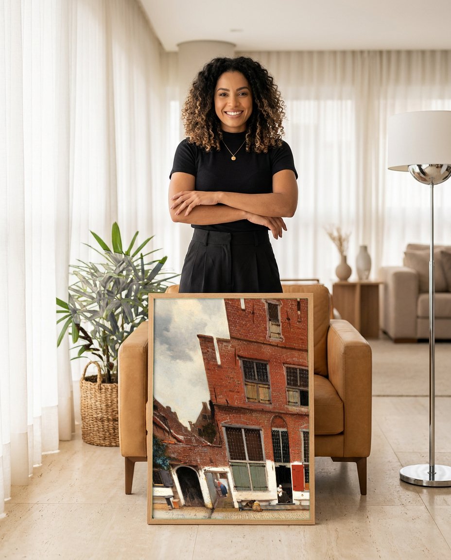 Quadro Decorativo A Rua Pequena - Johannes Vermeer com modelo em ambiente