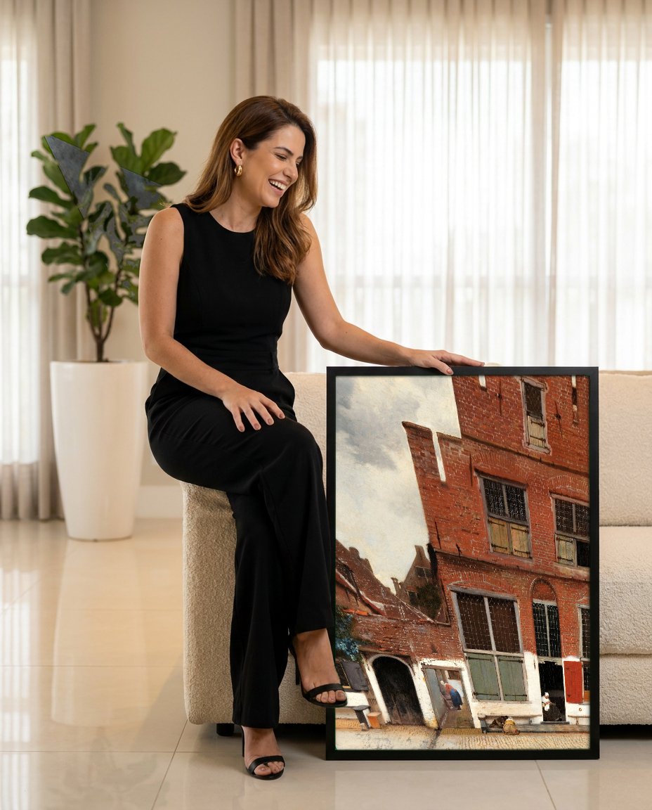 Quadro Decorativo A Rua Pequena - Johannes Vermeer com modelo em ambiente