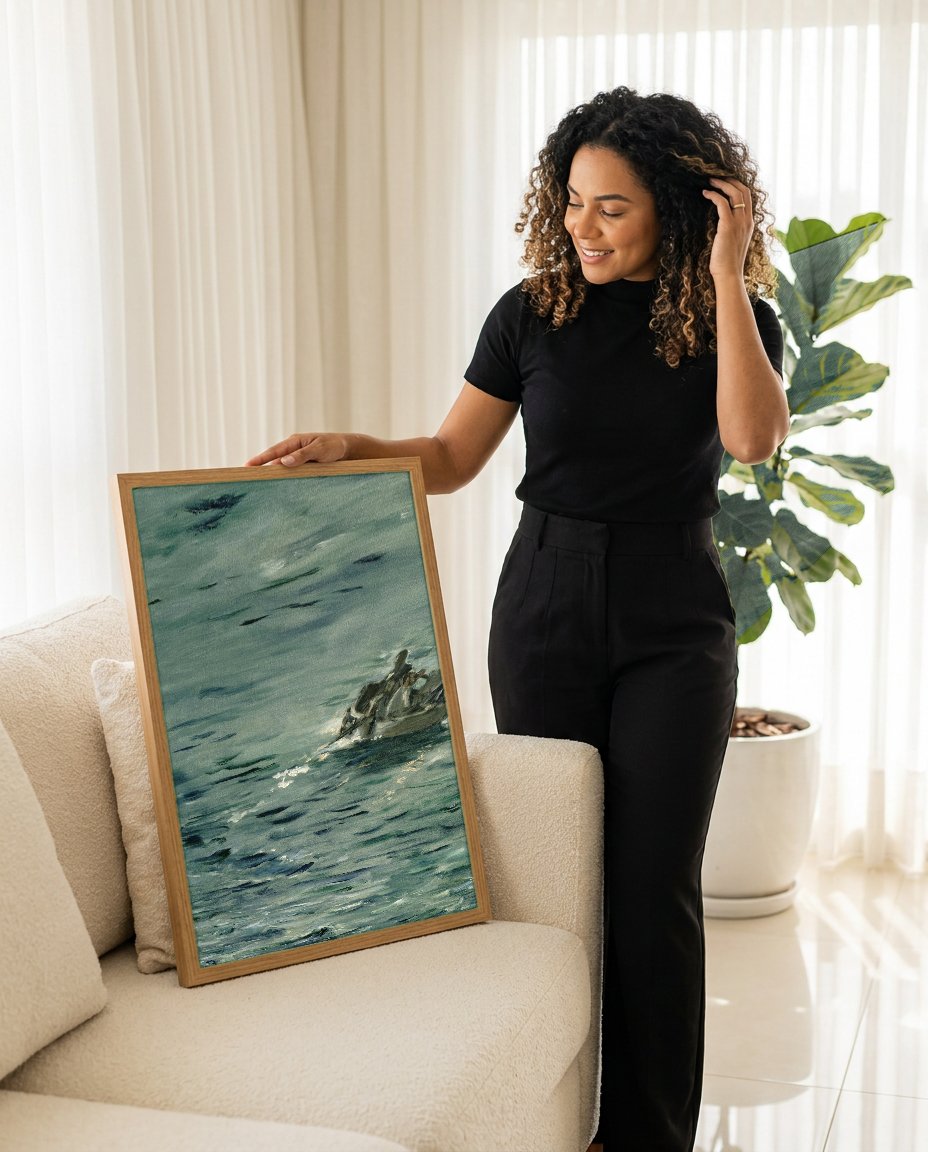 Quadro Decorativo A Barca - Édouard Manet com modelo em ambiente