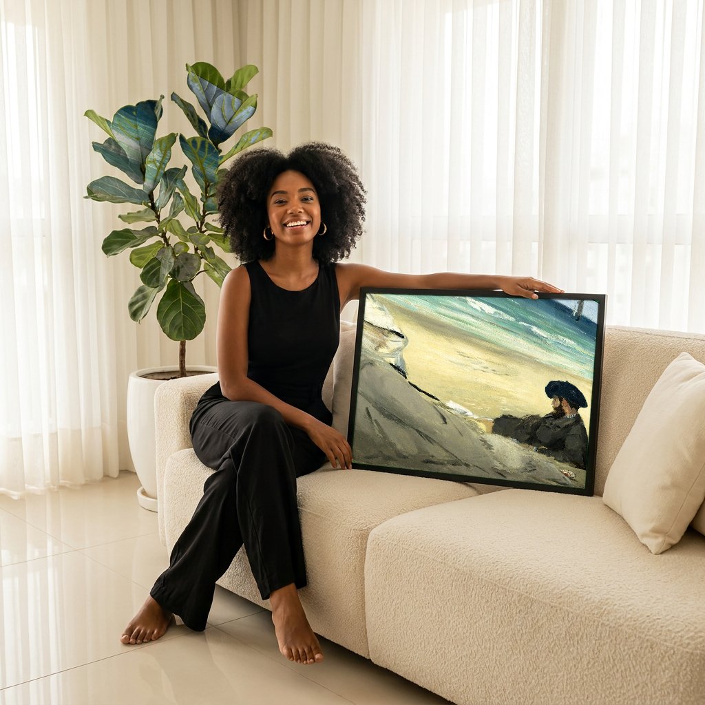 Quadro Decorativo Na Praia - Edouard Manet com modelo em ambiente