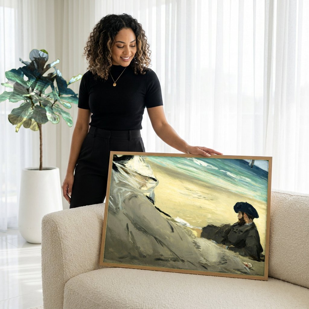 Quadro Decorativo Na Praia - Edouard Manet com modelo em ambiente