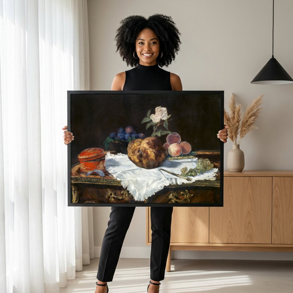 Quadro Decorativo A Cesta de Pão - Manet com modelo em ambiente