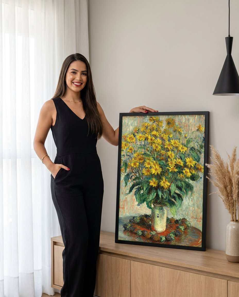 Quadro Decorativo Girassóis - Claude Monet com modelo em ambiente