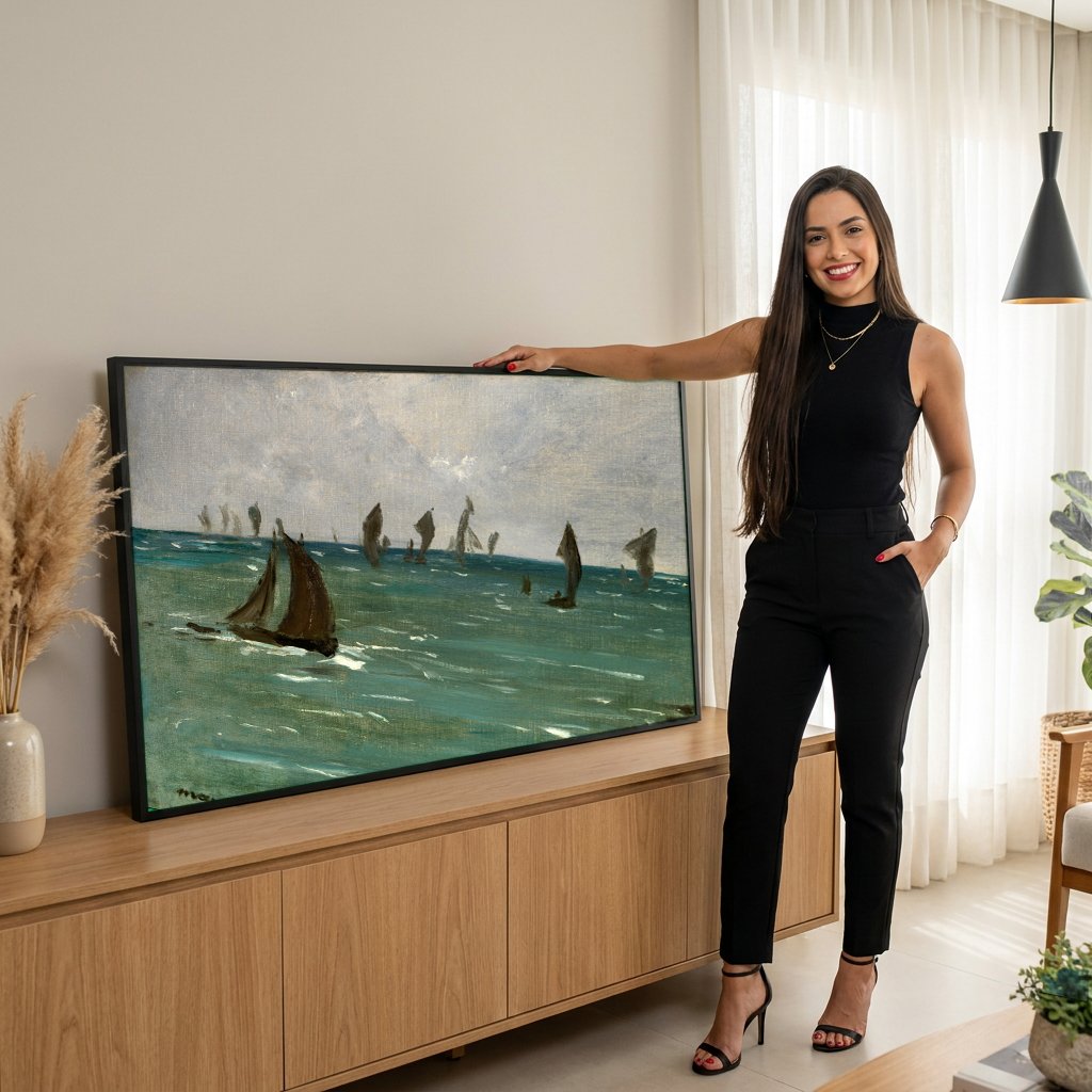 Quadro Decorativo Barcos no Mar - Manet com modelo em ambiente