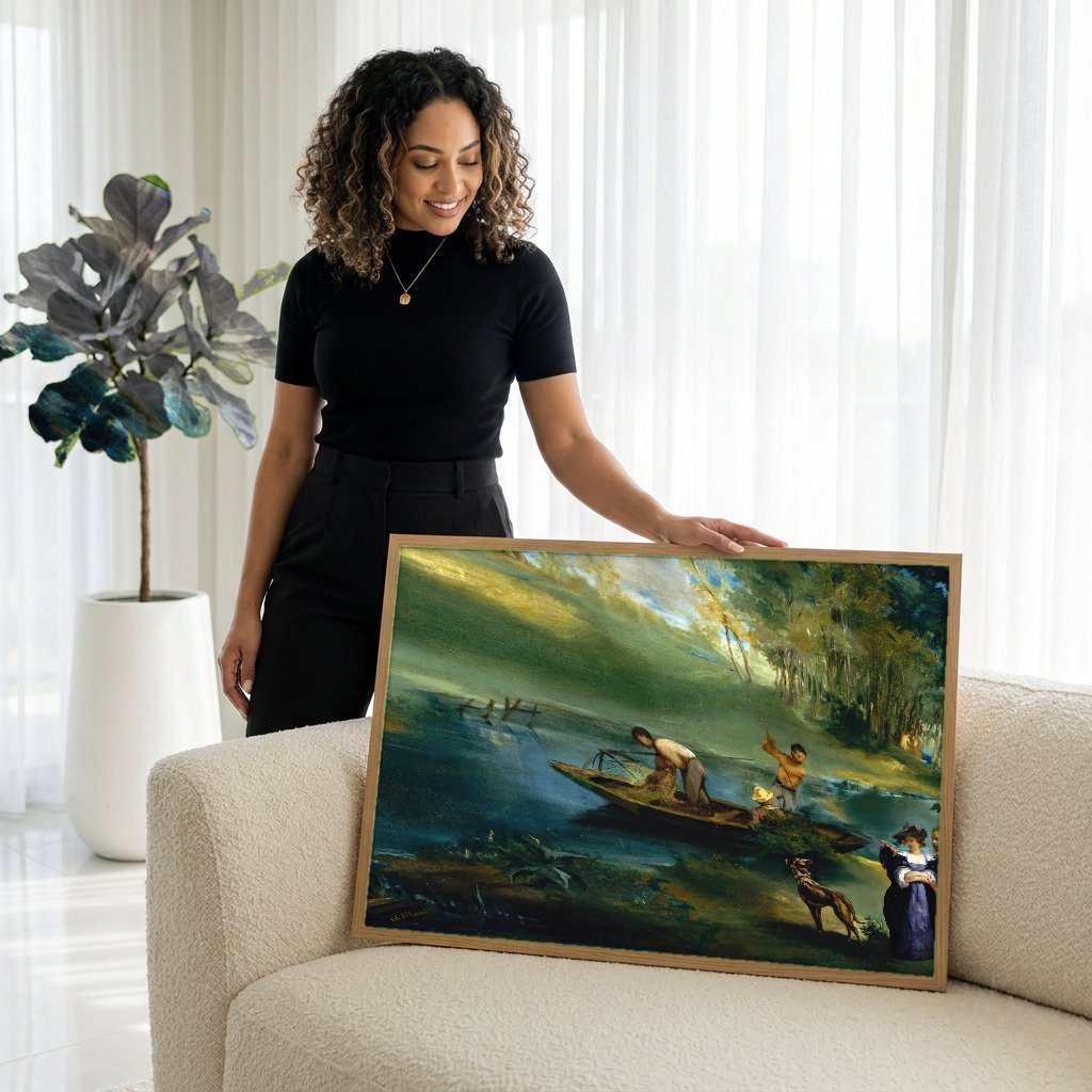 Quadro Decorativo A Pesca (O Rio) - Manet com modelo em ambiente