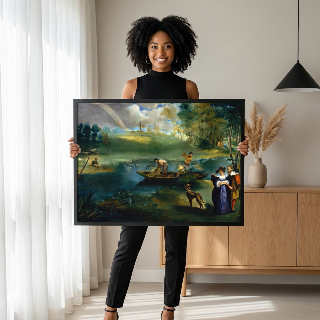 Quadro Decorativo A Pesca (O Rio) - Manet com modelo em ambiente