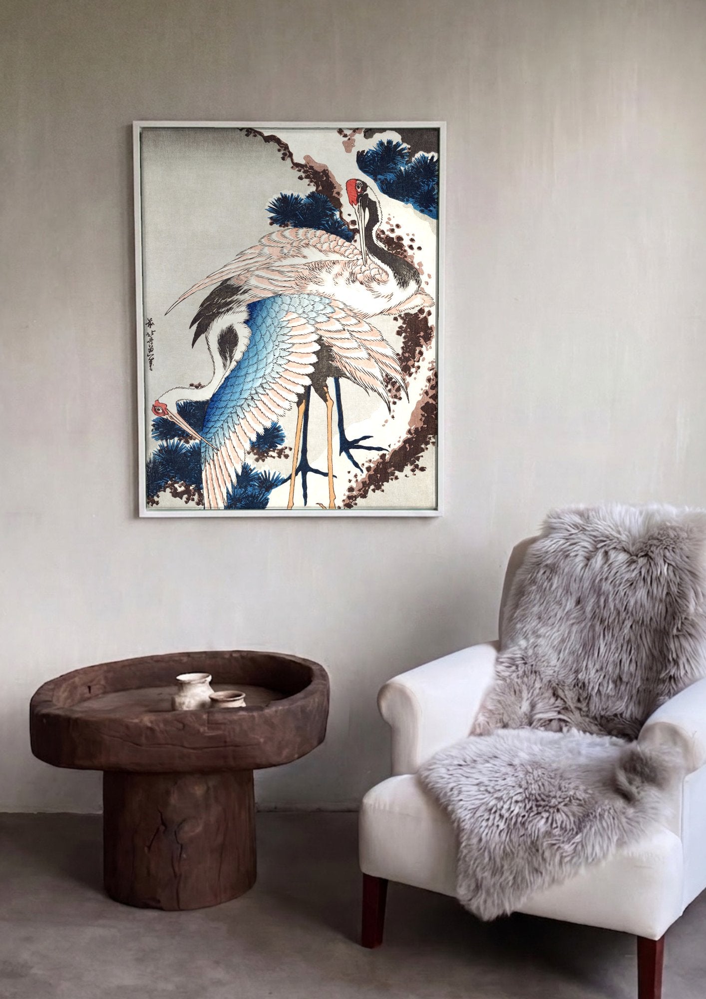 Quadro Decorativo Garças e Pinheiros Nevados - Hokusai em ambiente decorado