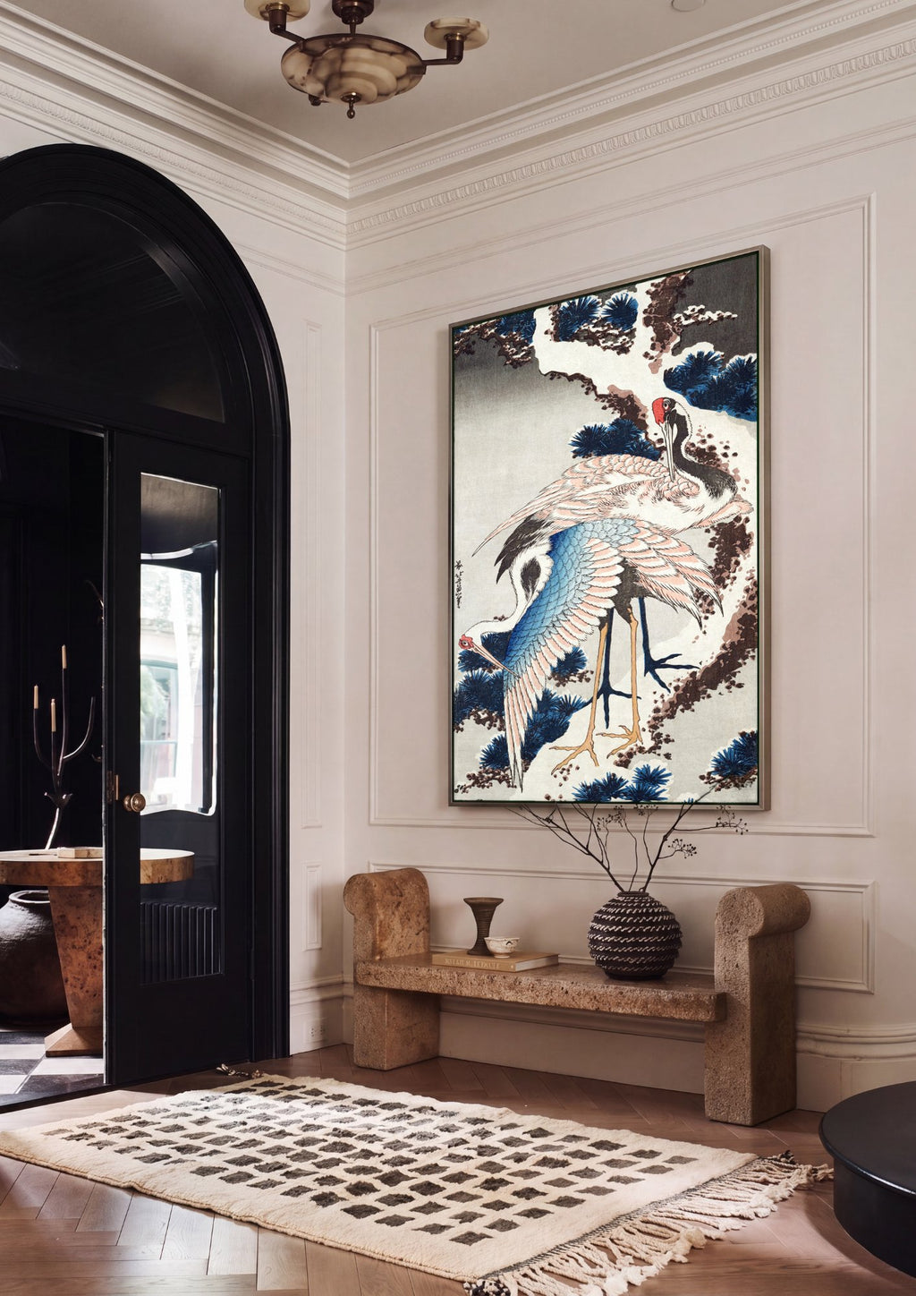 Quadro Decorativo Garças e Pinheiros Nevados - Hokusai em ambiente decorado