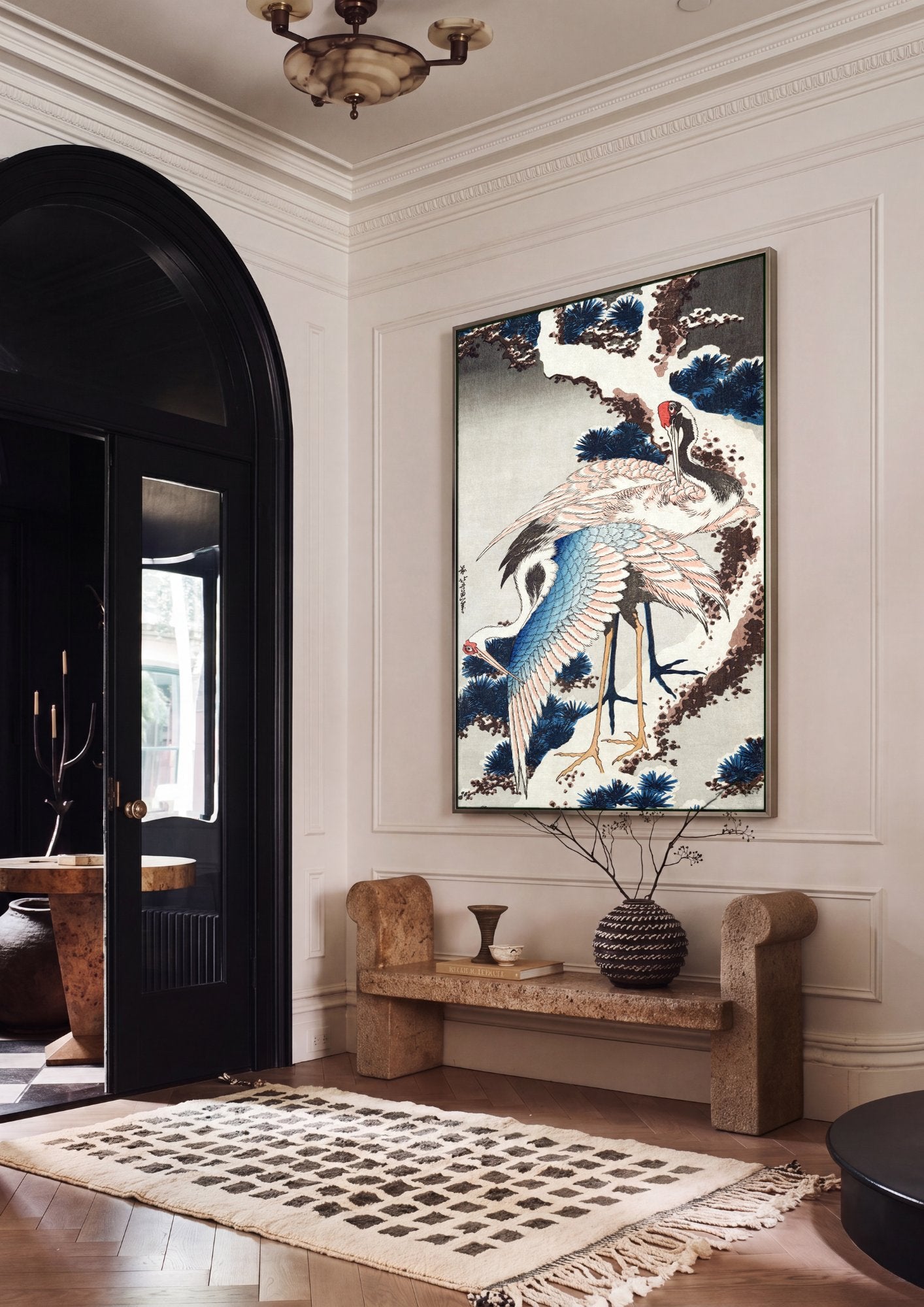 Quadro Decorativo Garças e Pinheiros Nevados - Hokusai em ambiente decorado