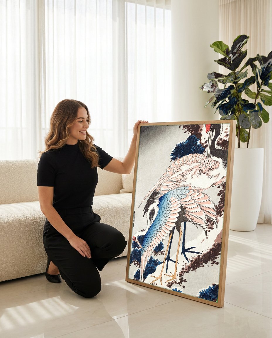 Quadro Decorativo Garças e Pinheiros Nevados - Hokusai com modelo em ambiente
