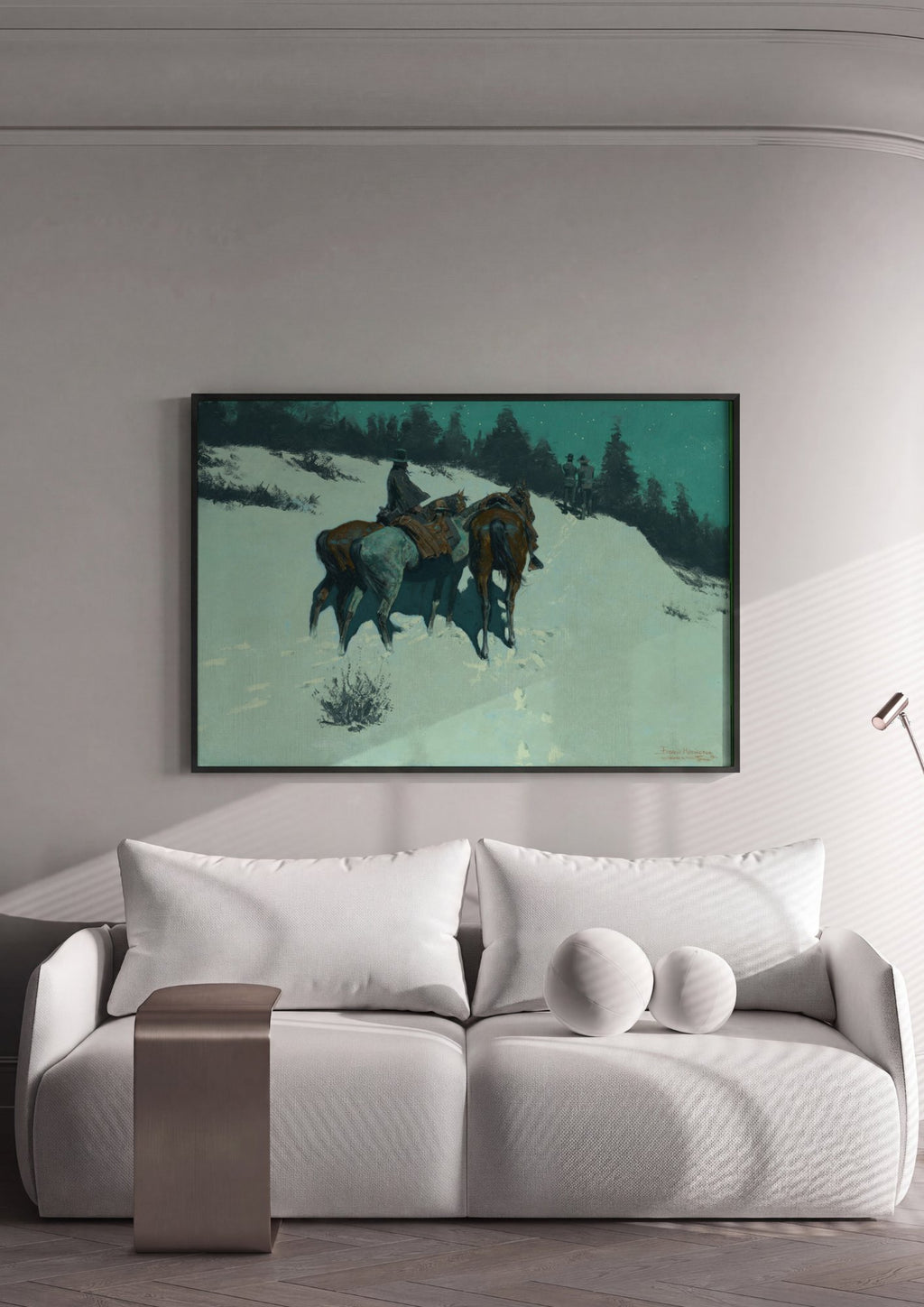 Quadro Decorativo A Ronda Noturna na Neve - Frederic Remington em ambiente decorado