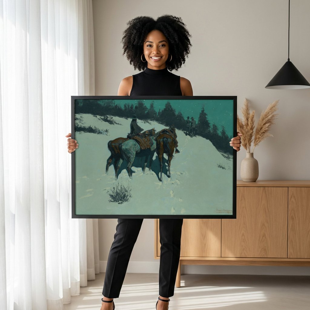 Quadro Decorativo A Ronda Noturna na Neve - Frederic Remington com modelo em ambiente