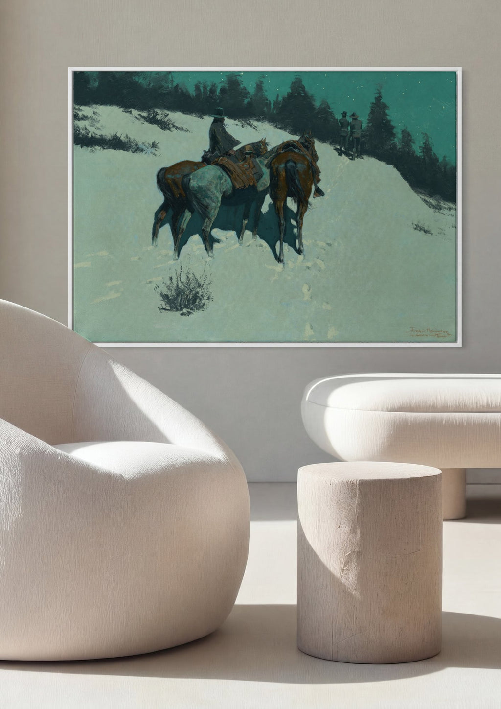 Quadro Decorativo A Ronda Noturna na Neve - Frederic Remington em ambiente decorado