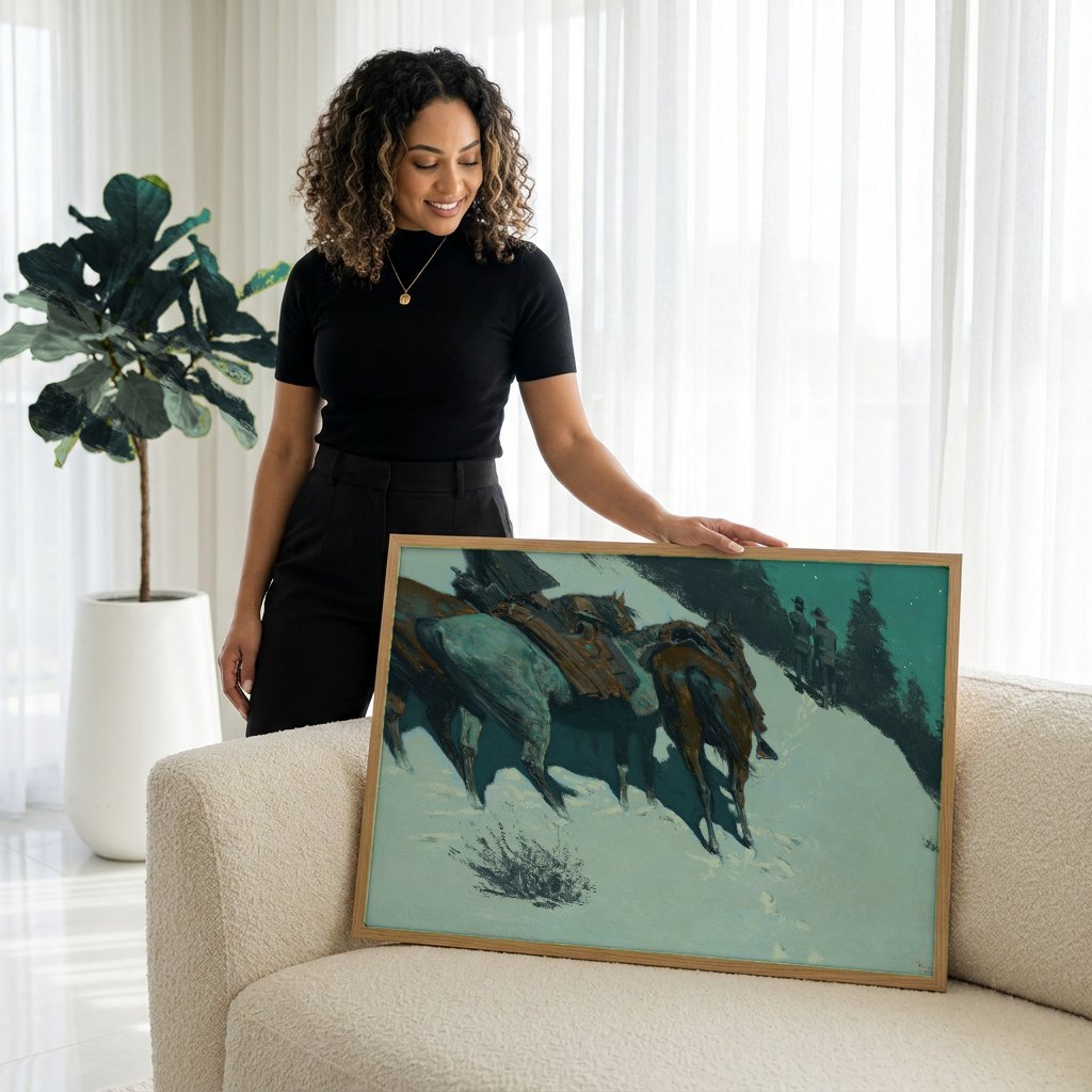 Quadro Decorativo A Ronda Noturna na Neve - Frederic Remington com modelo em ambiente