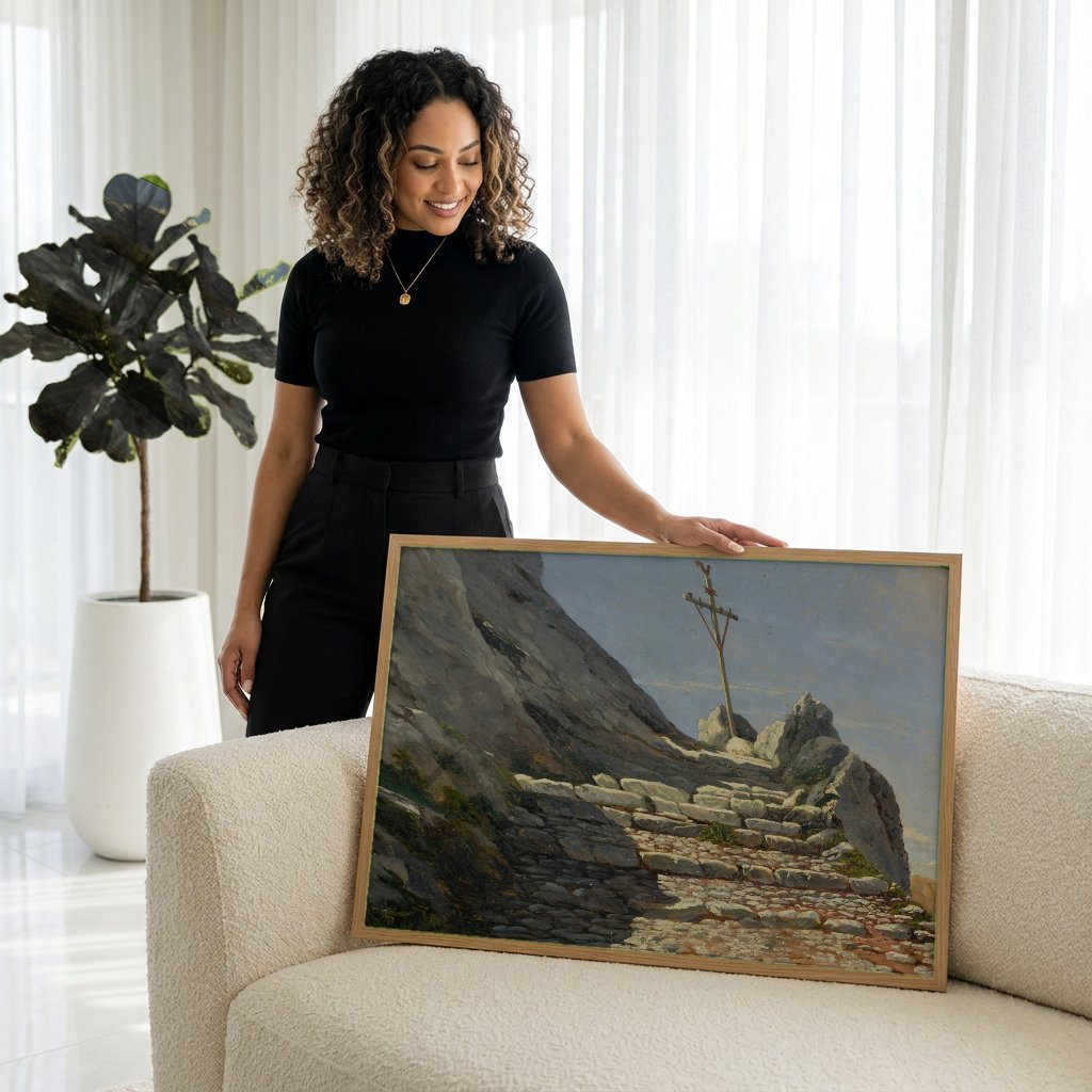 Quadro Decorativo Escadaria na Montanha - Albert Bierstadt com modelo em ambiente