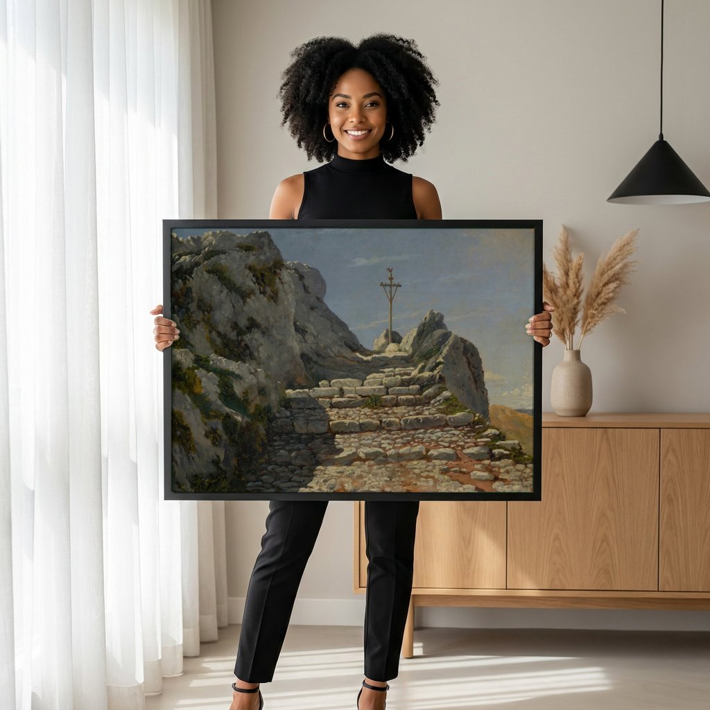 Quadro Decorativo Escadaria na Montanha - Albert Bierstadt com modelo em ambiente