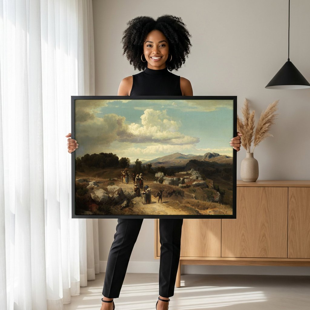 Quadro Decorativo Cena Rural com Caminhantes - O. Achenbach com modelo em ambiente