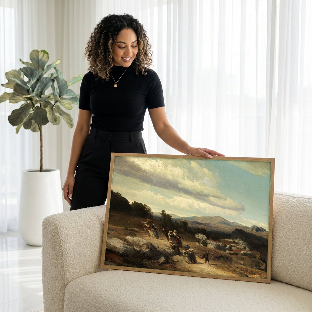 Quadro Decorativo Cena Rural com Caminhantes - O. Achenbach com modelo em ambiente