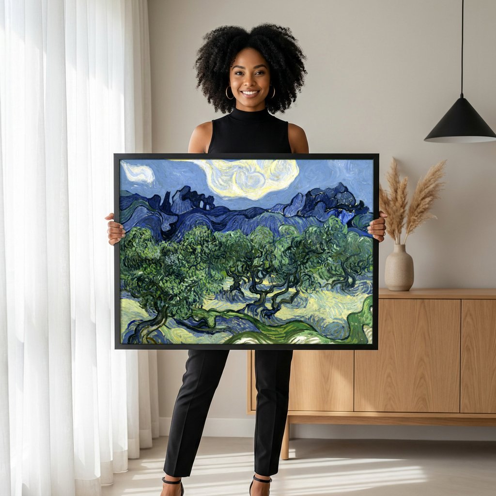 Quadro Decorativo Oliveiras com Montanhas - Van Gogh com modelo em ambiente