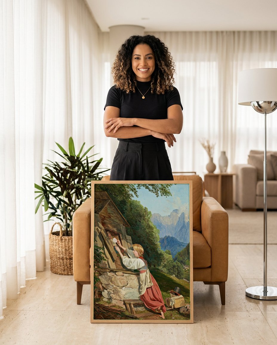 Quadro Decorativo A Menina e o Teatrinho de Marionetes - Waldmüller com modelo em ambiente