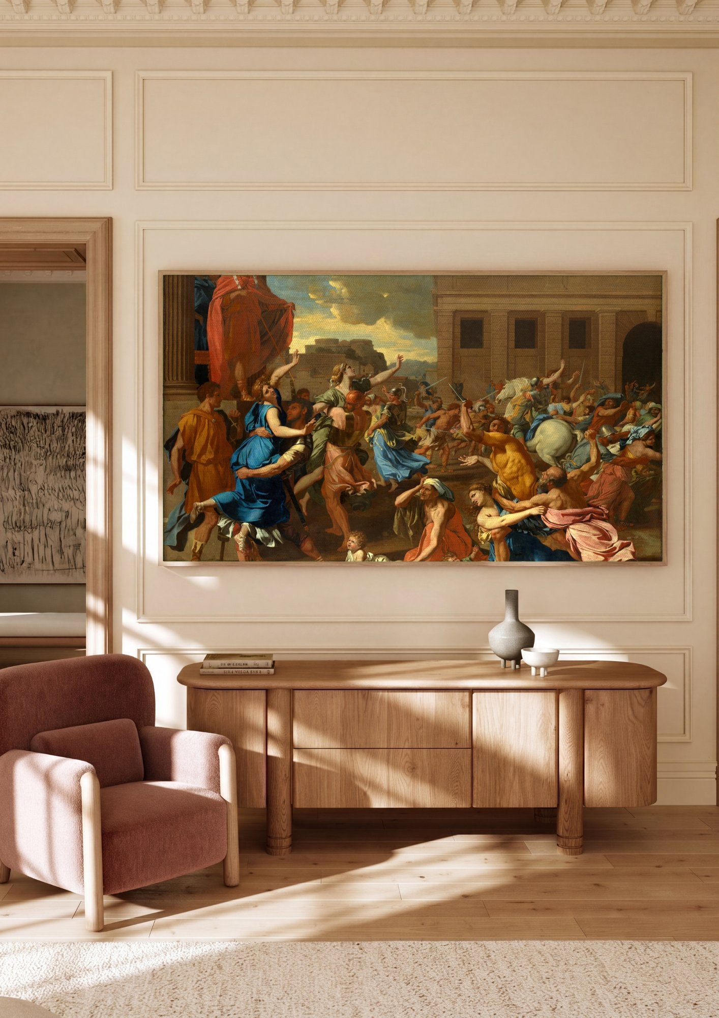 Quadro Decorativo O Rapto das Sabinas - Nicolas Poussin em ambiente decorado