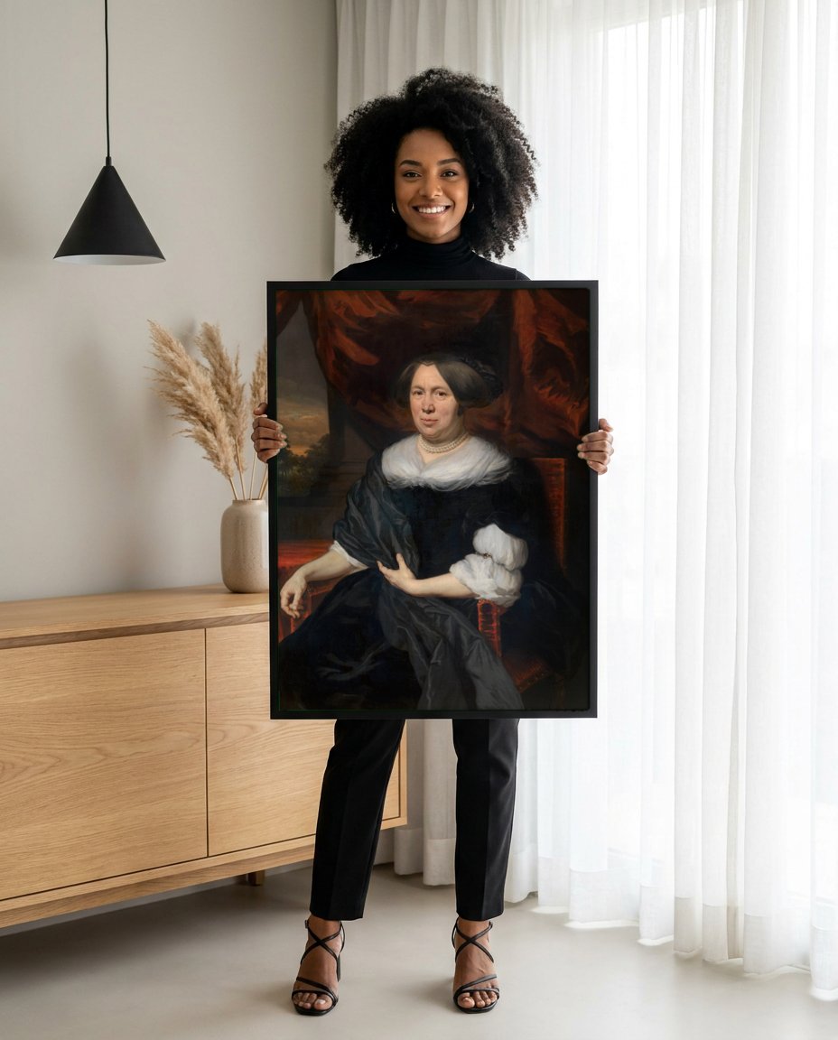 Quadro Decorativo Retrato de Senhora - Nicolaes Maes com modelo em ambiente