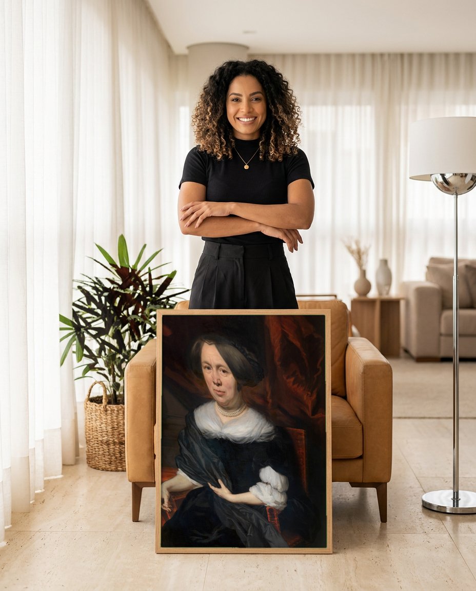 Quadro Decorativo Retrato de Senhora - Nicolaes Maes com modelo em ambiente
