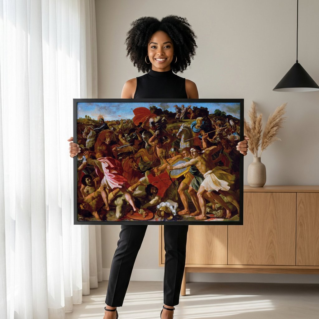 Quadro Decorativo A Batalha de Josué - Nicolas Poussin com modelo em ambiente