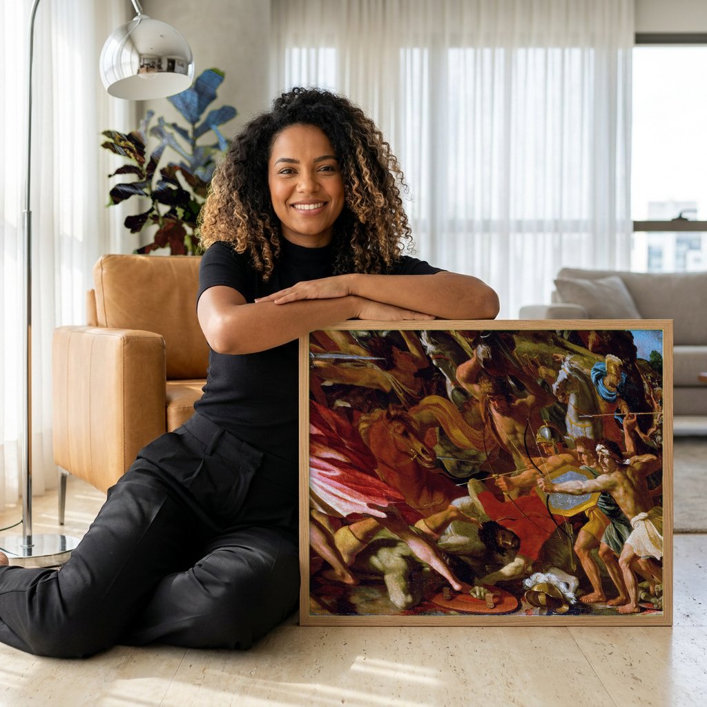 Quadro Decorativo A Batalha de Josué - Nicolas Poussin com modelo em ambiente