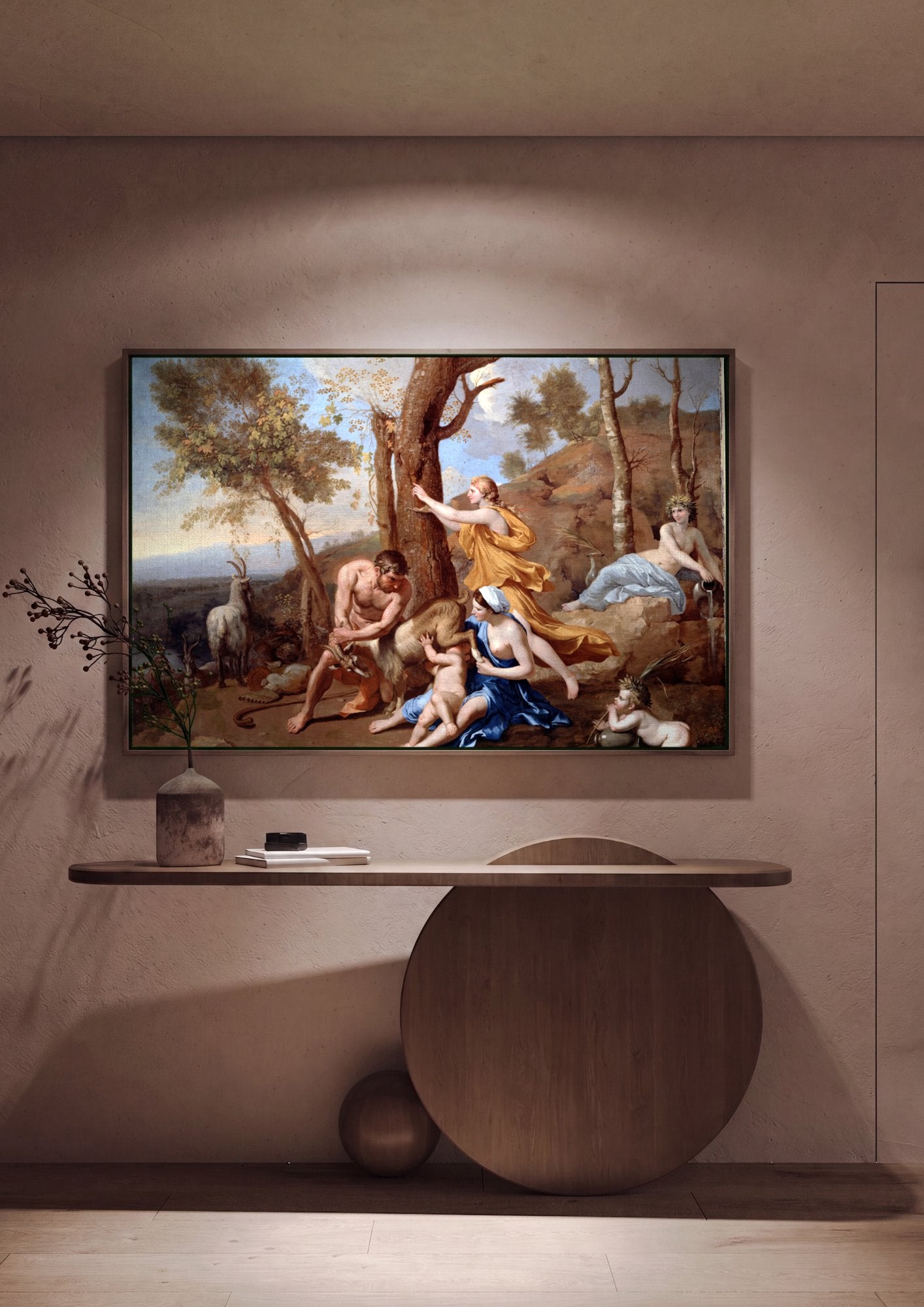 Quadro Decorativo A Infancia de Baco - Nicolas Poussin em ambiente decorado