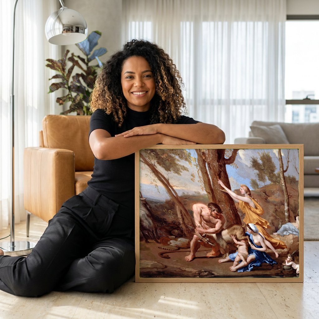 Quadro Decorativo A Infancia de Baco - Nicolas Poussin com modelo em ambiente