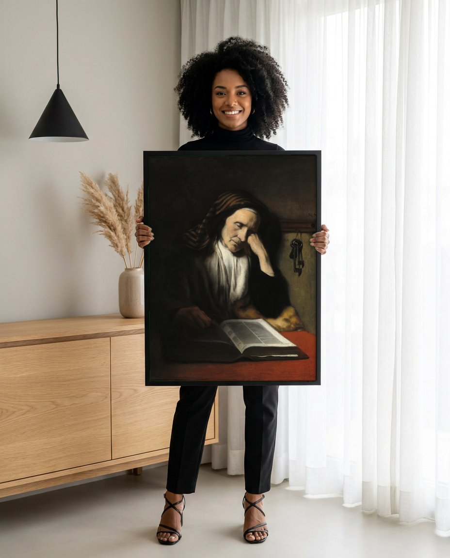 Quadro Decorativo A Velha Adormecida - Nicolaes Maes com modelo em ambiente