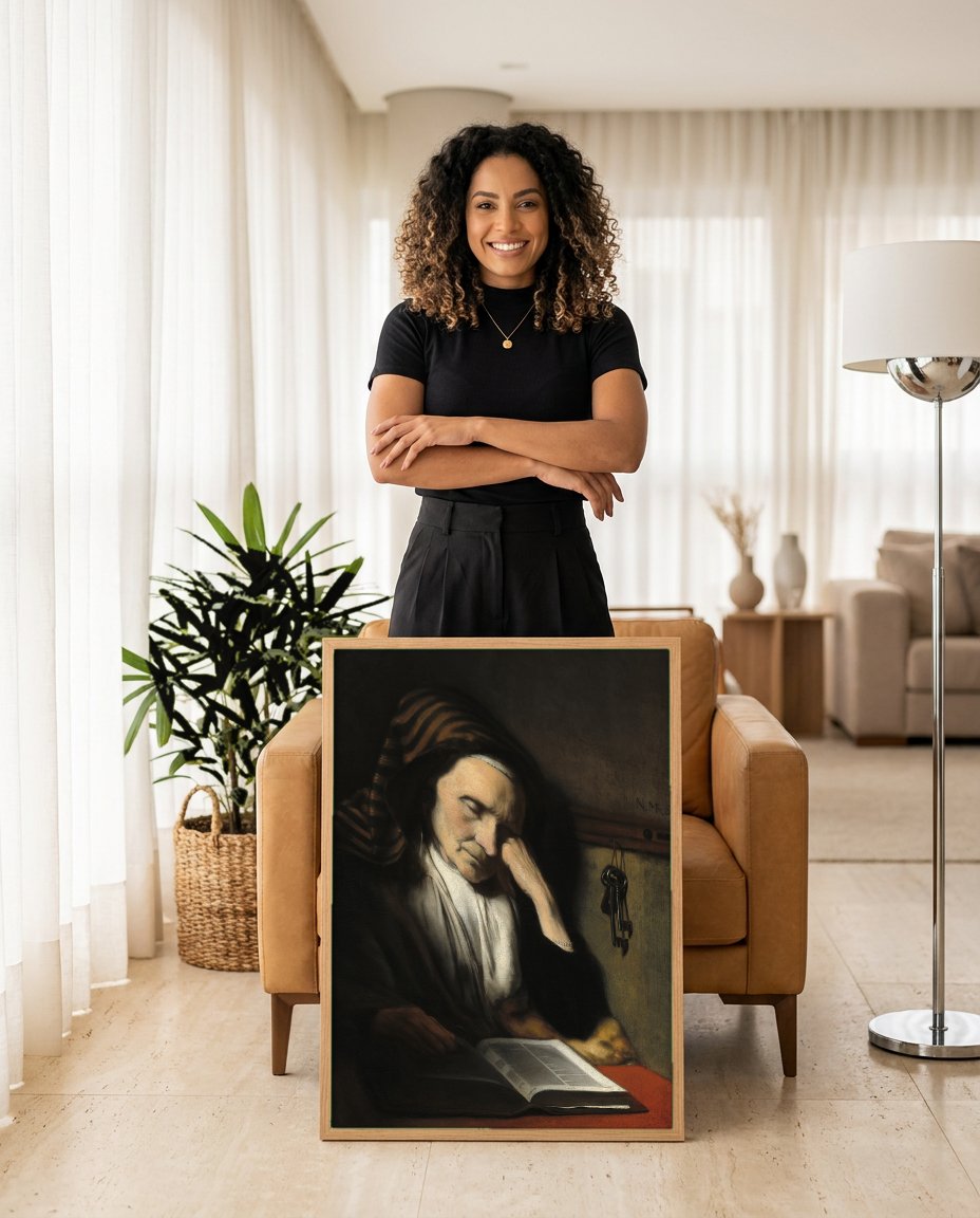 Quadro Decorativo A Velha Adormecida - Nicolaes Maes com modelo em ambiente