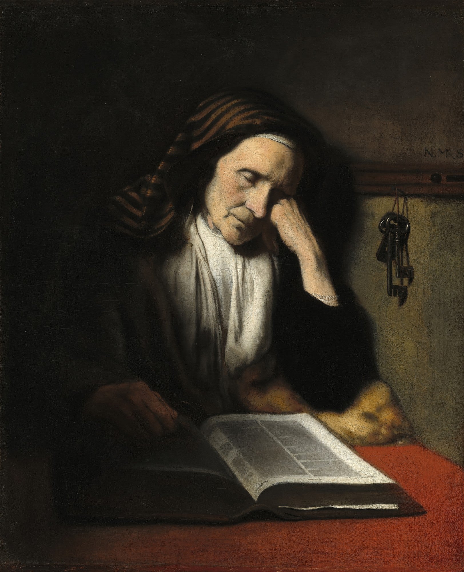 Quadro decorativo "A Velha Adormecida" de Nicolaes Maes, retratando uma mulher idosa com o rosto apoiado na mão, lendo um livro sob luz suave. Detalhes de chaves penduradas ao fundo e textura do tecido são visíveis.