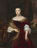 Retrato de mulher do século XVII, atribuído a Nicolaes Maes, vestindo um vestido vermelho escuro com detalhes em dourado e uma gola branca, com um colar de pérolas e brincos. Ela tem cabelos escuros presos e um olhar sereno. O fundo é escuro com uma paisagem sutil ao fundo.