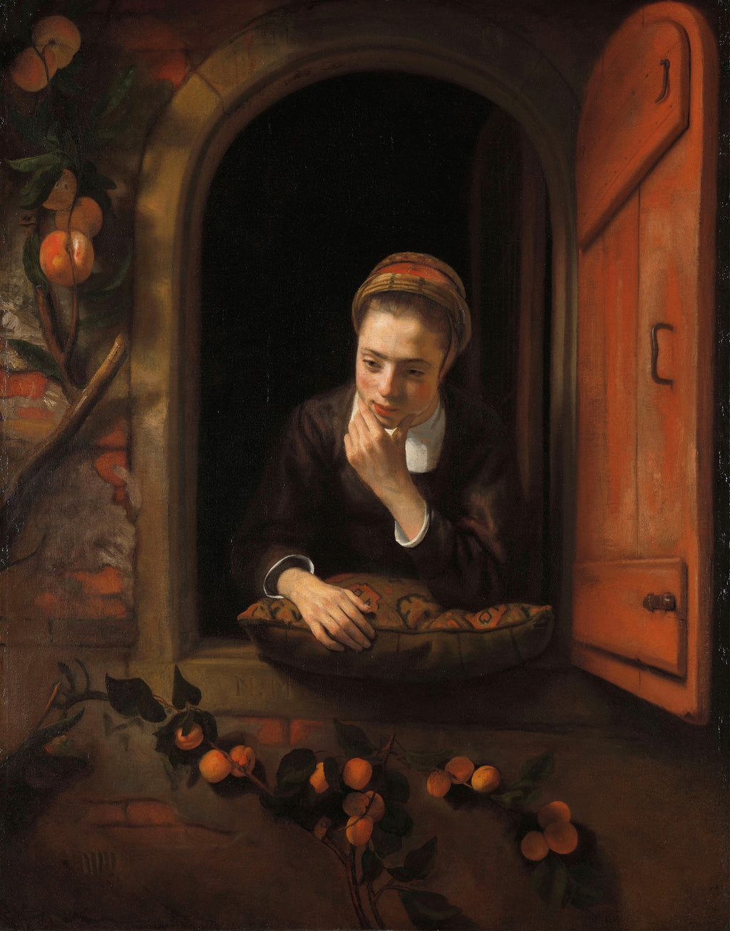Quadro decorativo com imagem de uma jovem mulher pensativa em uma janela, com frutas e folhagens do lado de fora. A luz incide suavemente sobre seu rosto. Obra de Nicolaes Maes.