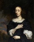 Retrato de uma mulher com vestido escuro e colar de pérolas, atribuído a Nicolaes Maes, em estilo barroco holandês.