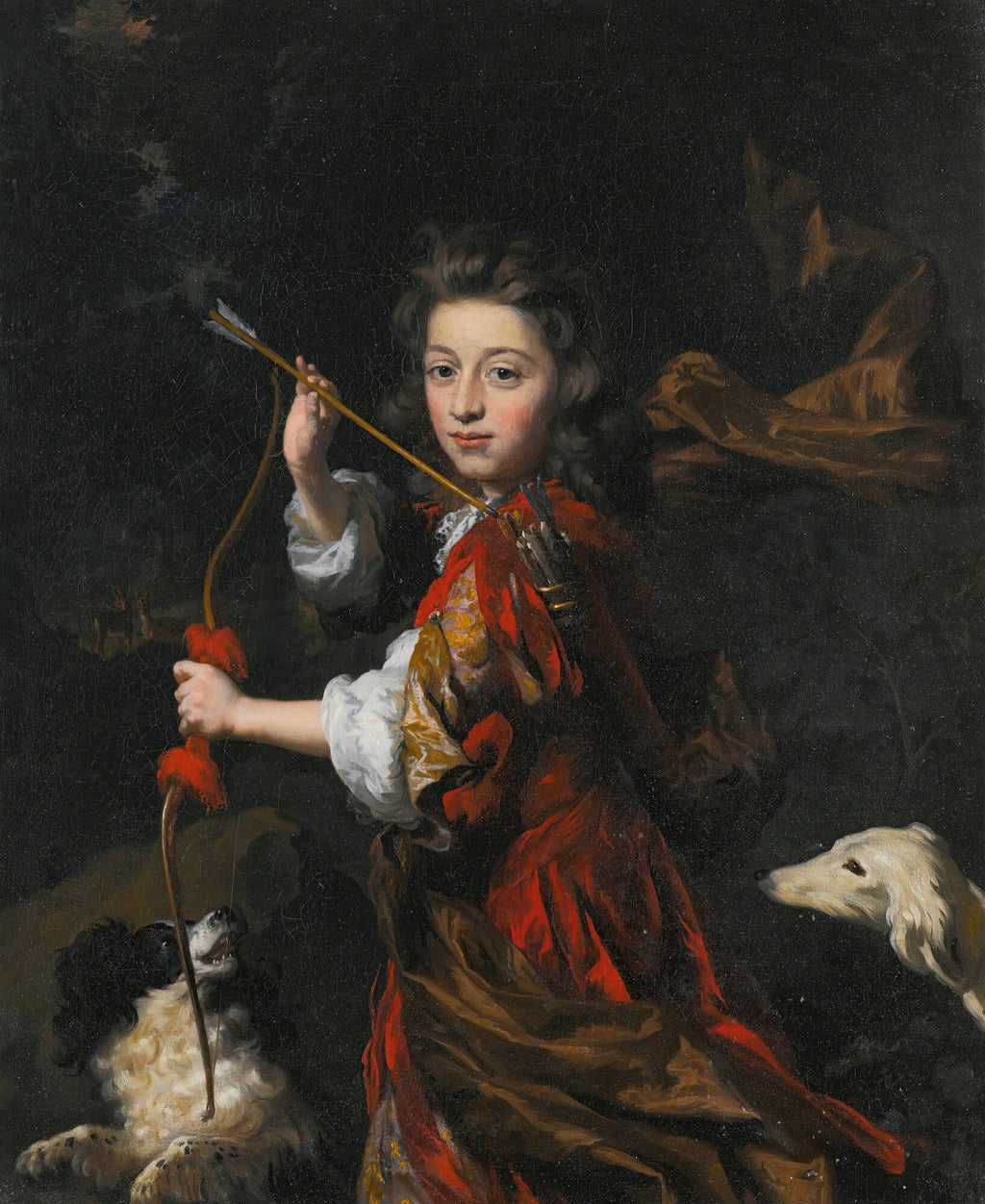 Quadro decorativo mostrando um retrato de uma criança com um arco e flecha, vestida ricamente em vermelho e ouro, com dois cães ao seu redor, em um fundo escuro e florestal. A obra é atribuída a Nicolaes Maes.