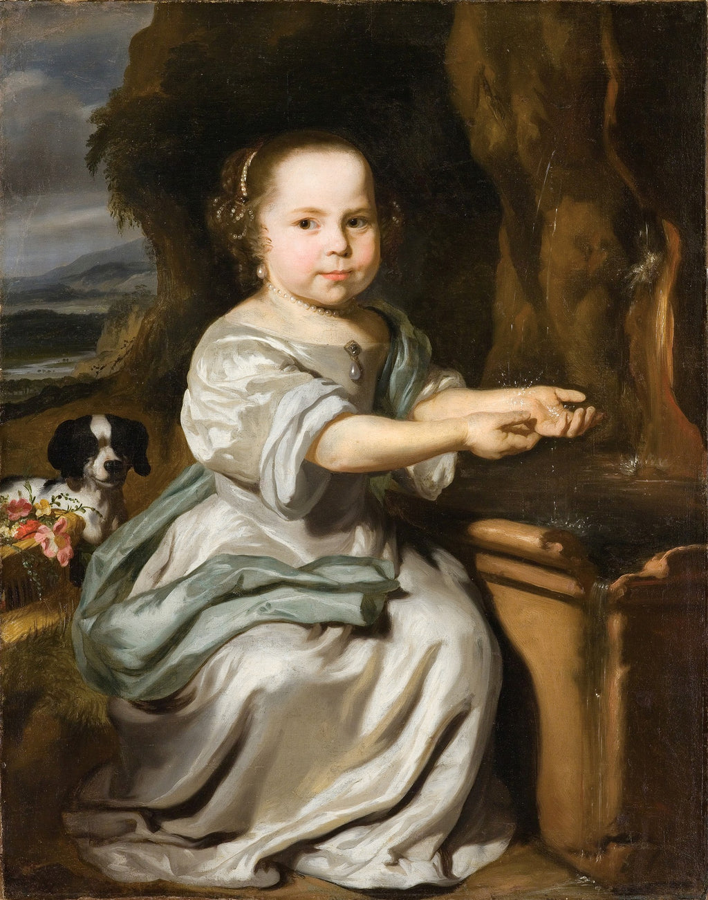 Quadro decorativo de Nicolaes Maes, 'Uma Criança na Fonte', retratando uma menina de vestido branco e pérolas, brincando com água em uma fonte, com um cachorro pequeno ao fundo.