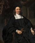 Retrato de um homem com bigode e cavanhaque, vestindo roupas escuras e gola branca, sentado em uma cadeira, com luvas marrons nas mãos. Obra de Nicolaes Maes.