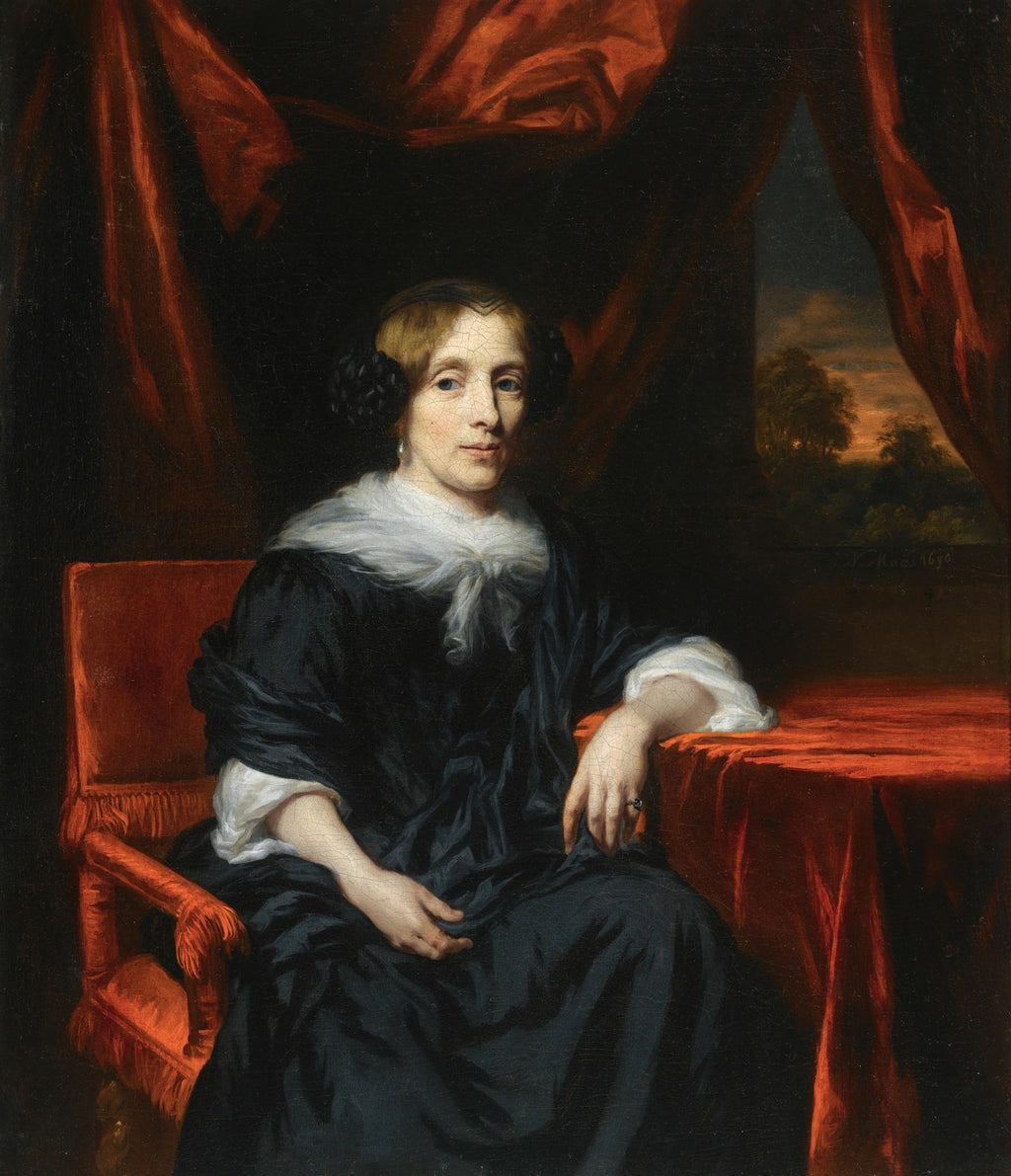 Retrato de uma dama holandesa sentada em uma poltrona vermelha, vestindo um vestido azul-escuro e um lenço branco, com uma janela paisagística ao fundo. Obra de Nicolaes Maes.