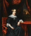 Retrato de uma dama holandesa sentada em uma poltrona vermelha, vestindo um vestido azul-escuro e um lenço branco, com uma janela paisagística ao fundo. Obra de Nicolaes Maes.