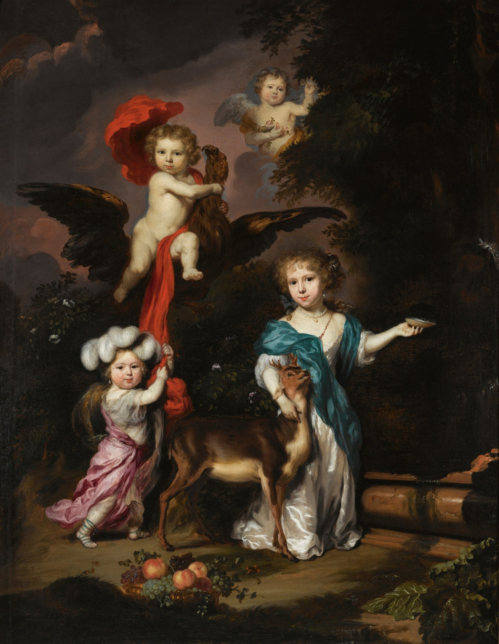 Pintura a óleo atribuída a Nicolaes Maes, retratando três figuras infantis e uma jovem mulher com um veado em um cenário de floresta escura. Um anjo alado voa no canto superior direito e um cupido com asas de águia paira no centro. As crianças e a mulher usam roupas suntuosas e coloridas. Há uma cesta de frutas no chão.