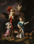 Pintura a óleo atribuída a Nicolaes Maes, retratando três figuras infantis e uma jovem mulher com um veado em um cenário de floresta escura. Um anjo alado voa no canto superior direito e um cupido com asas de águia paira no centro. As crianças e a mulher usam roupas suntuosas e coloridas. Há uma cesta de frutas no chão.