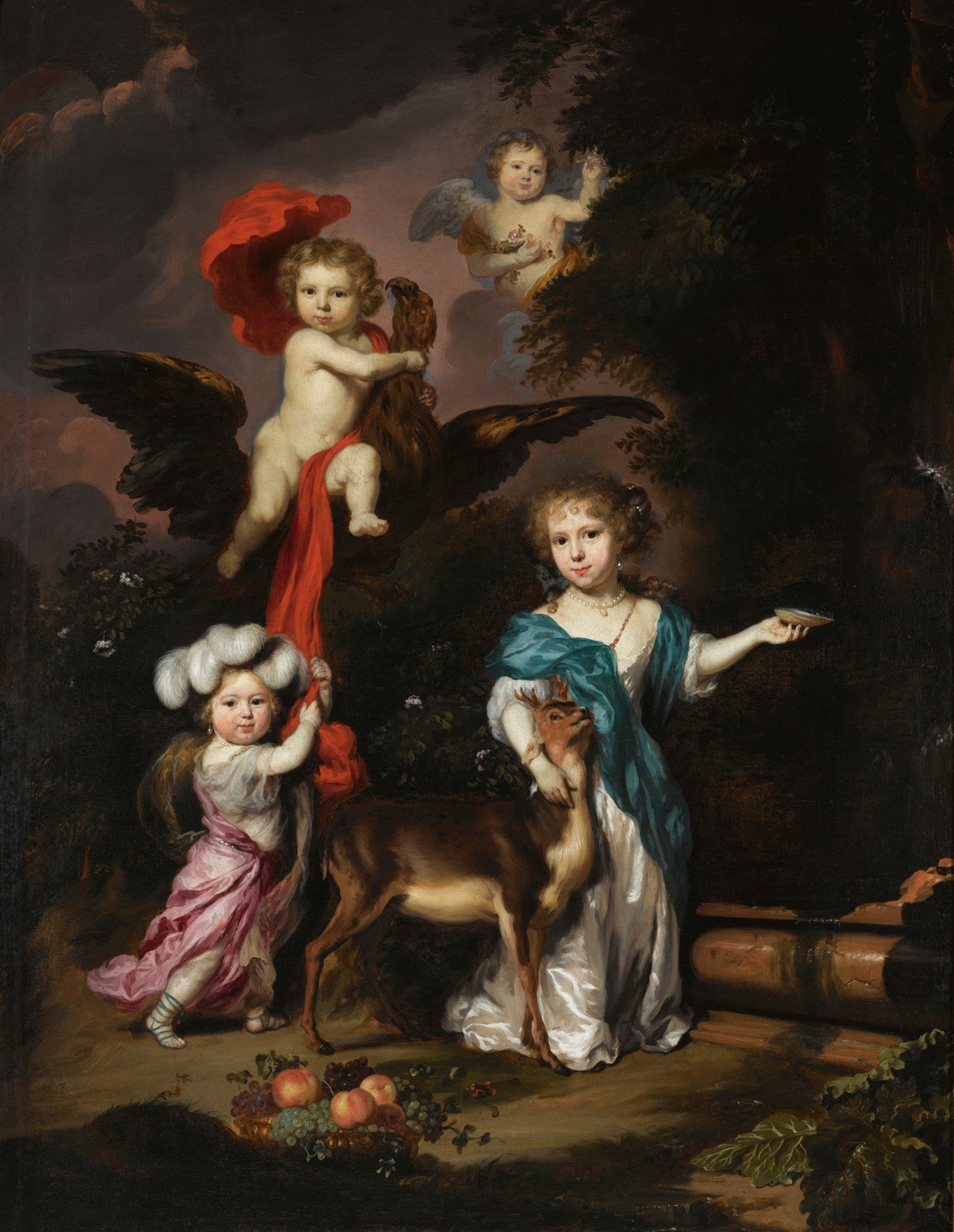 Pintura a óleo atribuída a Nicolaes Maes, retratando três figuras infantis e uma jovem mulher com um veado em um cenário de floresta escura. Um anjo alado voa no canto superior direito e um cupido com asas de águia paira no centro. As crianças e a mulher usam roupas suntuosas e coloridas. Há uma cesta de frutas no chão.