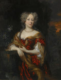 Retrato de uma dama com vestido vermelho e xale dourado, atribuído a Nicolaes Maes, com fundo escuro e detalhes de folhagens e paisagem ao entardecer.