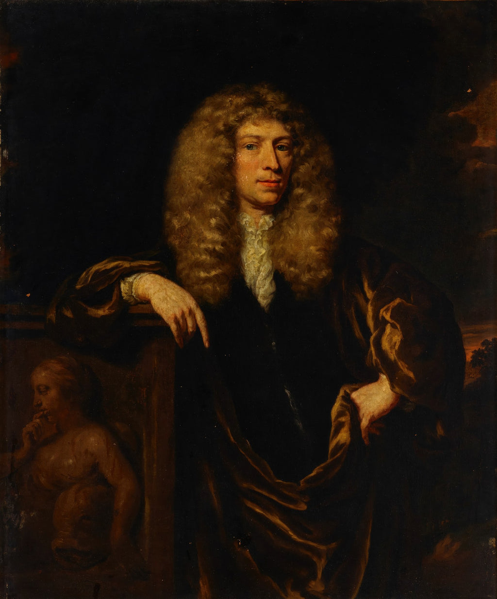 Retrato a óleo de um cavalheiro com peruca loira volumosa, vestindo casaco escuro e colarinho de renda branca, atribuído a Nicolaes Maes. Um putto aparece na parte inferior esquerda.